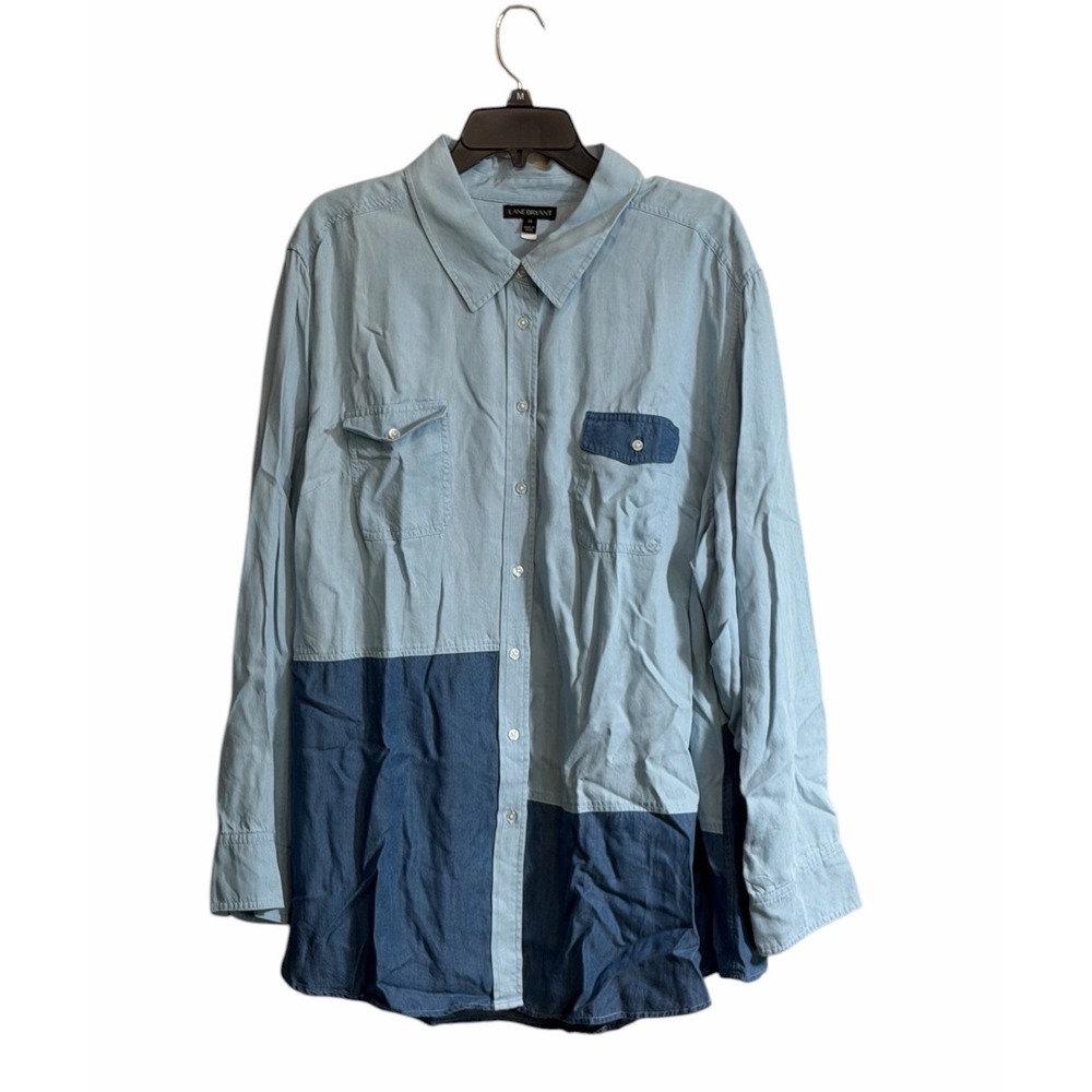 Lane Bryant  Sz 24 Top Blue Chambray Button Shirt Soft Lyocell Color Block